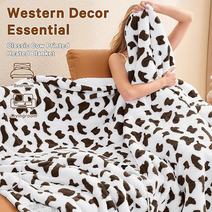 Cow Print Heated Electric Blanket Twin,62X84 Brown Heating Blanket with 10 Heats Levels & 8 Hours Auto Off,Cute Cow Decor Fleece Sherpa Blankets Warmer Gifts for Women Couch Office,Washable