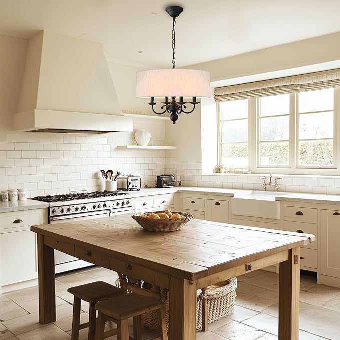 Drum Chandelier, 4-Lights Pendant Ceiling Hanging Light Fixture with Beige Shade, for Dining Room Living Room Bedroom Kitchen Island(17.75")