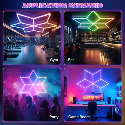 Hexagon Garage Lights RGB - Multicolor RGB with Music Sync Mode (358 Dynamic Effects), Dimming，Speed Control. Perfect for Gaming, Bars, Studios ，Home Gyms