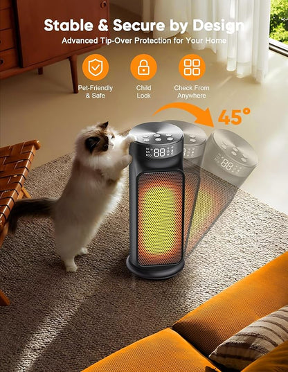 1500W PTC Space Heater with Remote Control, Portable Electric Heaters for Indoor Use, Ceramic Heater for Office, 75°Oscillation, 24H Timer, 5 Modes, Safe Quiet Room Heater for Bedroom