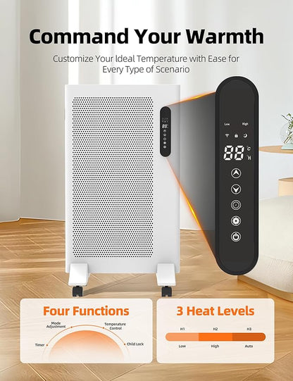 Mica Infrared Space Heater, 1500W Portable Panel Heater for Indoor Use, Large Room, WiFi Smart App & Alexa Control, Fast Heating, Energy Efficient, Quiet, White