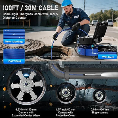 Sewer Camera, Self Leveling Drain Camera 100ft with Meter Counter, 9" HD Plumbing Cameras Snake with 12 LED Lights, 5100mAh Battery, IP68 & 32GB DVR Recorder, Duct Sewer Line Pipe Inspection