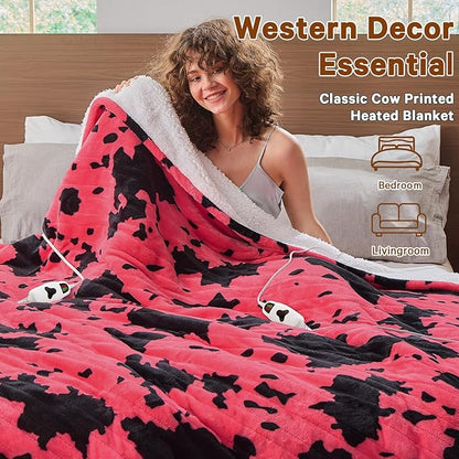 Cow Print Heated Electric Blanket Throw,50X60 Pink Heating Blanket with 10 Heats Levels & 8 Hours Auto Off,Highland Cow Decor Stuff Fleece Sherpa Blankets Warmer Gifts for Women Adults Washable