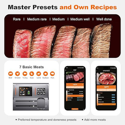 Dual Probes Meat Thermometer, Smart Digital Magnetic Standalone Base, Bluetooth Wireless Meat Thermometer Remote Tracking and Real-Time Readings, iOS and Android, for Grill, BBQ, Smoker