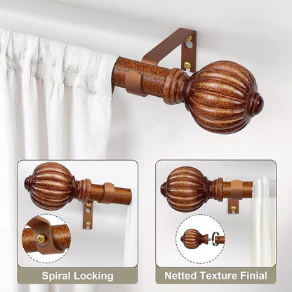 Dark Brown Wood Curtain Rods for Windows 28 to 48 Inch, 1'' Adjustable Heavy Duty Curtain Rod，Vintage Imitation Wood Decorative Drapery Rods with Pumpkin Finials for Bedroom Living Room