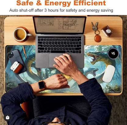 Heated Mouse Pad for Desk 31.5" x 13" – PU Leather Warm Desk Pad with 3 Heat Levels (104°F/113°F/122°F), Plug-in Electric Heating Mat with Auto Shut-Off, Waterproof & Rollable, Serpent Beast