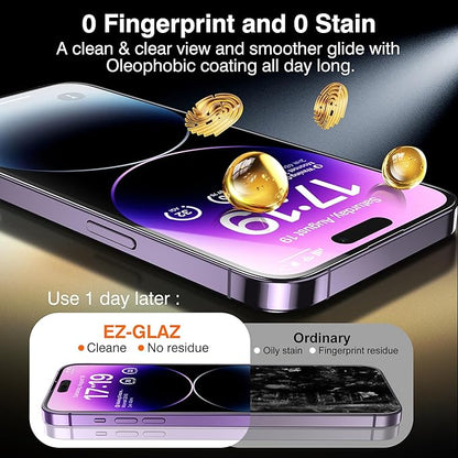 EZ-GLAZ-4+2 Pack for iPhone 14 Pro Privacy Screen Protector[6.1 inches] With Camera Lens Protector, [Drop Protection] 9H Hardness Full Coverage Anti-Spy Tempered Glass Film, Easy to install