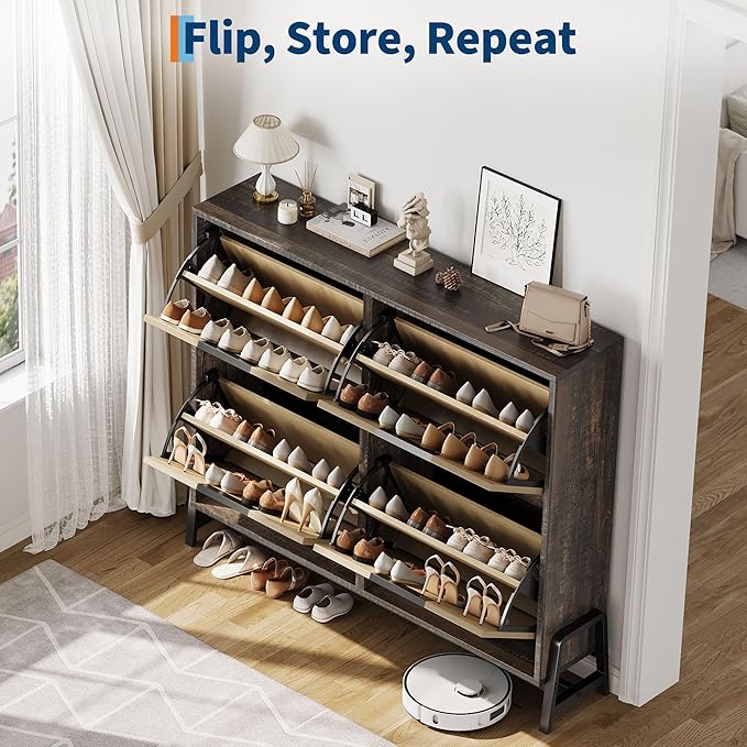 CABIHOME Shoe Cabinet Storage for Entryway, Narrow Shoe Organizers with 4 Flip Drawers, Freestanding with Metal Legs, Large Shoe Rack with 3-Tier Adjustable Shelves for Hallway, Living Room, Oak