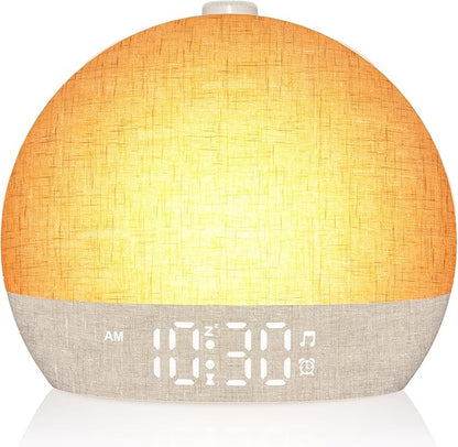 Wake Up Light Sunrise Alarm Clock, White Noise Sound Machine with 30 Soothing Sounds, Dimmable Night Lights, Sleep Aid, Snooze, Timer, Loud Alarm Clock for Heavy Sleepers Adults Kids, Ideal for Gift