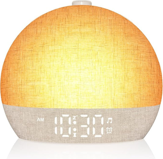 Wake Up Light Sunrise Alarm Clock, White Noise Sound Machine with 30 Soothing Sounds, Dimmable Night Lights, Sleep Aid, Snooze, Timer, Loud Alarm Clock for Heavy Sleepers Adults Kids, Ideal for Gift