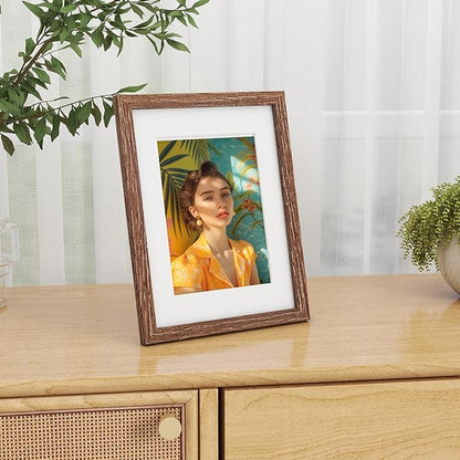 Picture Frame 8.5x11, Natural Oak Wood 8.5 x 11 Photo Frame, 8.5 by 11 Frame for Wall, 8.5x11 Picture Frame with Mat for 6x8, Tempered Real Glass, Walnut Color, Set of 1