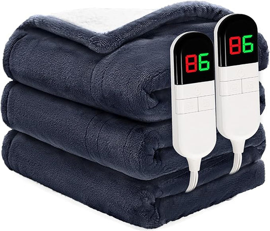 Heated Blanket King 90"×100" - Premium Cosy Soft Electric Blanket with 6 Heating Levels,Dual Control Fast Heating Flannel Sherpa Blanket for Bed & Couch,Auto Shut Off/Machine Washable (Navy Blue)