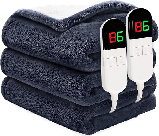 Heated Blanket Queen 84"×90" - Premium Cosy Soft Electric Blanket with 6 Heating Levels,Dual Control Fast Heating Flannel Sherpa Blanket for Bed & Couch,Auto Shut Off/Machine Washable (Navy Blue)