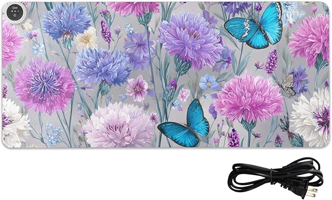 Heated Desk Pad Mouse Pad 31.5x13 Inch PU Leather Desk Mat with 3 Heat Levels Large Mouse Gaming Computer Laptop Mat Grey Pink Corflower Butterfly