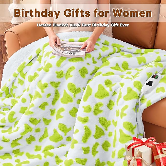 Green Cow Heated Electric Blanket Throw, 50X60 Heating Blanket with 10 Heats Levels & 8 Hours Auto Off, Cute Christmas Yoga Gifts for Women Teen Girls Mom Pets, Home Decor for Living Room Bedroom