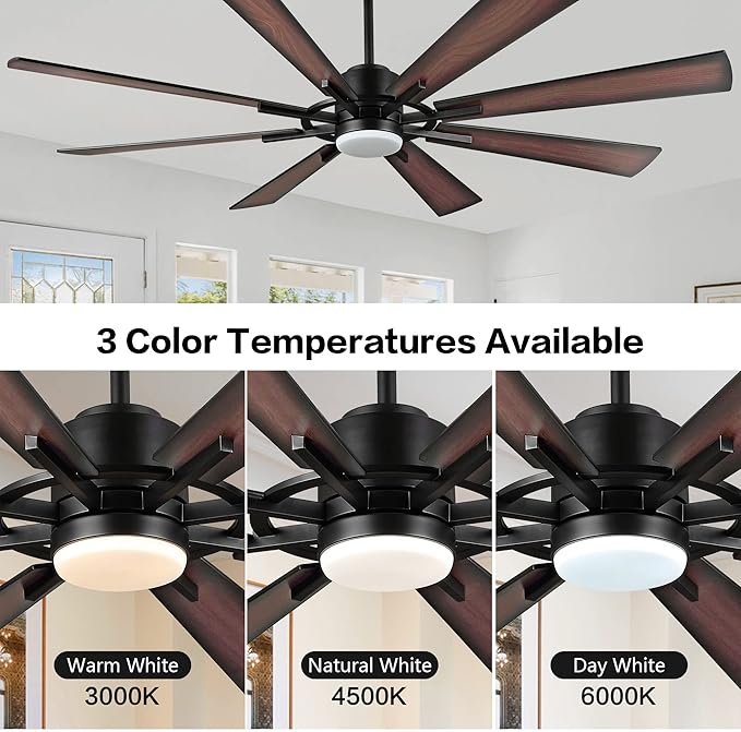 WINGBO 60" DC Ceiling Fan with Lights and Control, Matte Black Ceiling Fan with Walnut/Walnut Shadowed Reversible Blades, 6-Speed DC Motor, 8 Blade Wood Ceiling Fans for Kitchen Bedroom Living Room