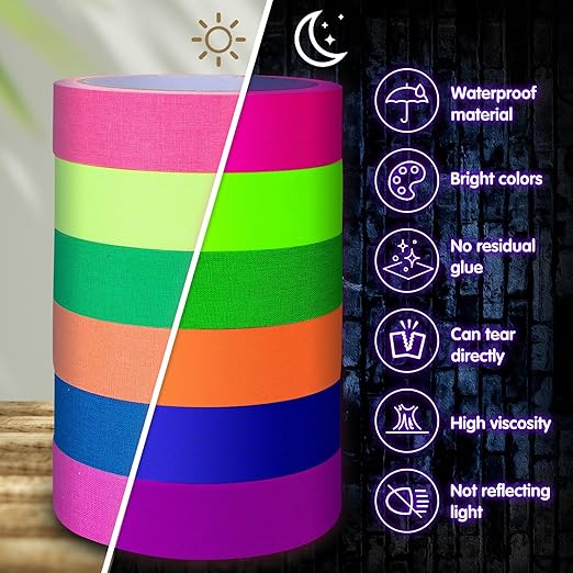 Whaline 6 Colors Neon Gaffer Cloth Tape Fluorescent Rainbow Color UV Blacklight Tape Neon Duct ReflectiveTape for UV Party Theatres Staged Dark Areas(1 inch x 34.8 feet)