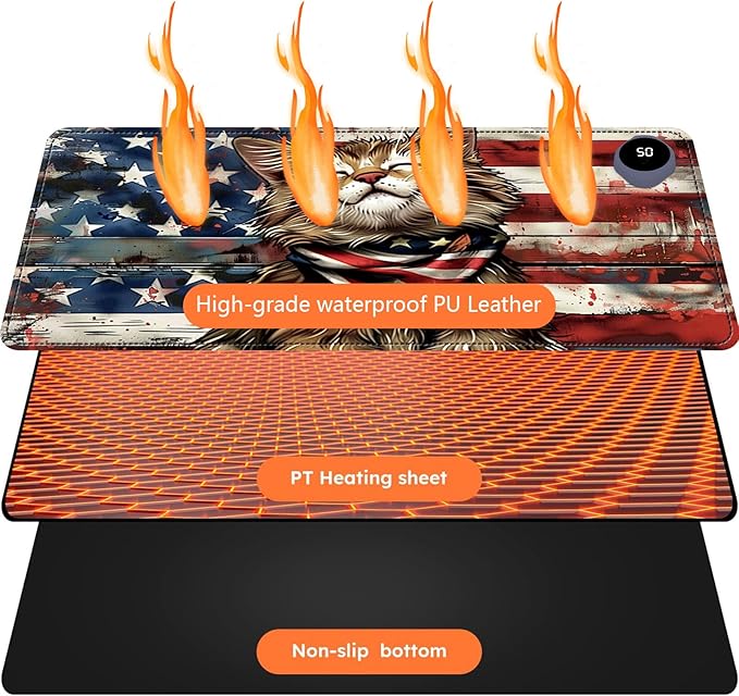 Heated Mouse Pad with 3 Levels Heated & 3 Hours Auto Shut-Off Mouse Pad for Warming Hands in Office Home, 31.5" x 13"Large Safe Desk Mat Hand Warmer，Flag Cute Cat