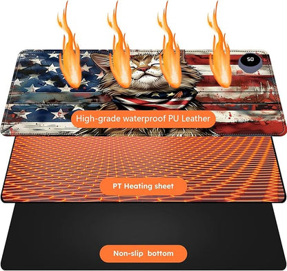Heated Mouse Pad with 3 Levels Heated & 3 Hours Auto Shut-Off Mouse Pad for Warming Hands in Office Home, 23.6" x 14.2"Large Safe Desk Mat Hand Warmer，Flag Cute Cat