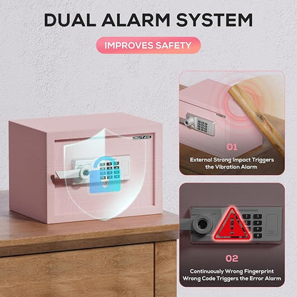 1.0 Cub Biometric Safe Box with Fireproof Bag, Quick-Access Fingerprint Safe with Keys, Digital Keyboard, Type-C Port, Dual Alarm System Safety Box for Home, Office, Hotel Use(Pink)
