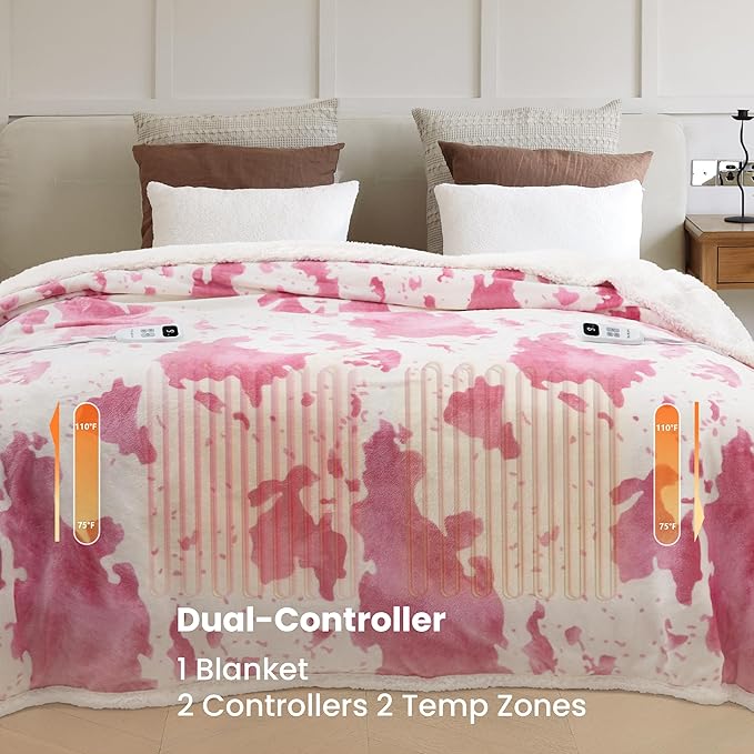 Cow Print Electric Heated Blanket Queen-Heating Blanket Queen Size with 10 Heat Levels & 10 Hours Auto-Off, Cozy Soft Fleece Sherpa, Washable, 84x90 Inches Cow Print Pink