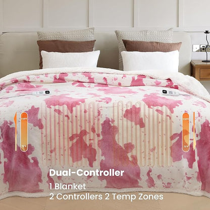 Cow Print Electric Heated Blanket Queen-Heating Blanket Queen Size with 10 Heat Levels & 10 Hours Auto-Off, Cozy Soft Fleece Sherpa, Washable, 84x90 Inches Cow Print Pink