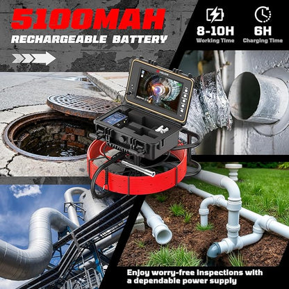 Sewer Camera, Self Leveling Drain Camera 200ft with Meter Counter, 7mm Thick Cable, 9" HD Screen 1080P Plumbing Cameras Snake with Light, 5100mAh Battery Duct Pipe Video Inspection Cam DVR 32GB
