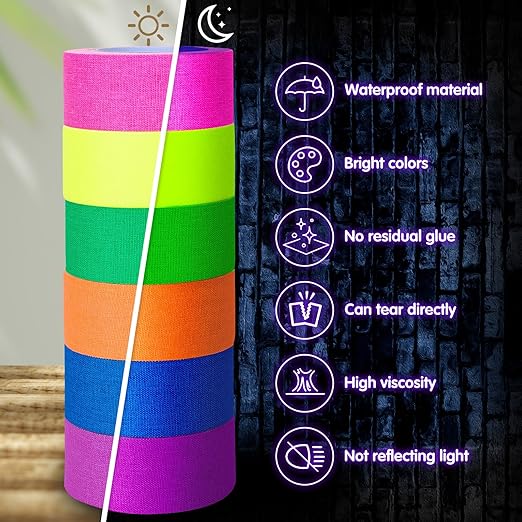 Whaline 6 Colors Neon Gaffer Cloth Tape Fluorescent Rainbow Color UV Blacklight Tape Neon Duct Reflective Tape for UV Party Theatres Staged Dark Areas(1 inch x 16.5 feet)