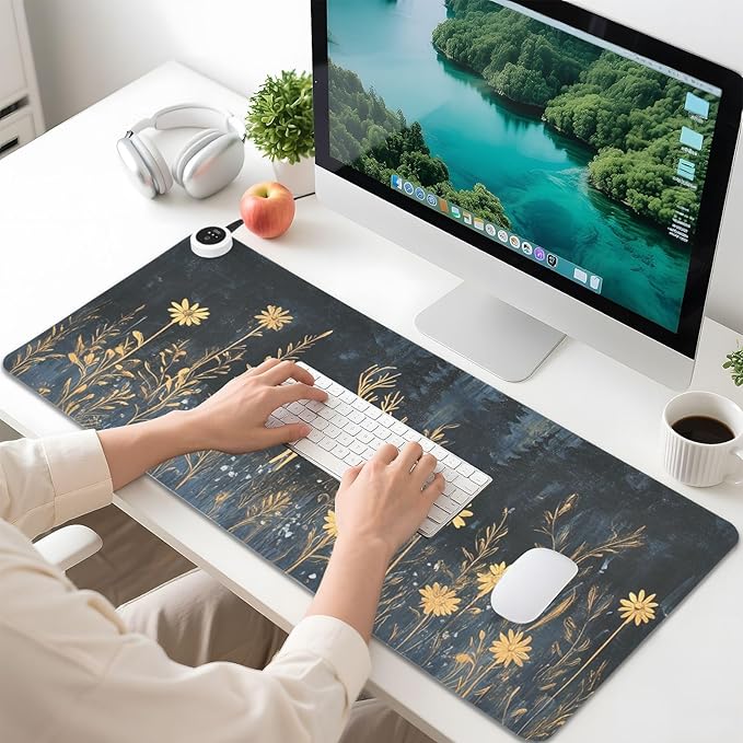Heated Desk Pad Mouse Pad 31.5x13 Inch PU Leather Desk Mat with 3 Heat Levels Large Mouse Gaming Computer Laptop Mat Deer Blue Hat Flowers Black