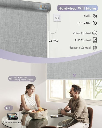 Graywind Smart Blackout Roller Shades Compatible with Alexa Google WiFi Hardwired Triple Weaved Fabric Motorized Blinds Remote Window Shades, Custom Size (Cloudy Grey)