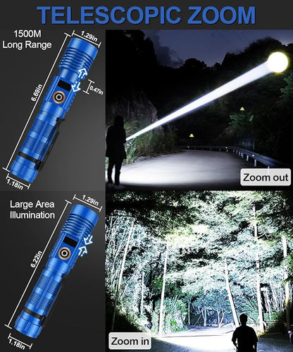 Rechargeable Flashlight High Lumens- Super Bright Magnetic Flash Light with Power Digital Display,Long Range,Dimmable,Waterproof,Pocket LED Flashlights for Emergency Camping 2PC Blue