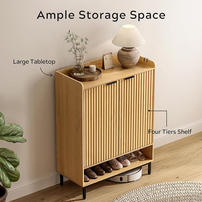Large Shoe Cabinet with Doors Set of 2, Fluted Wooden Storage with Adjustable Shelves, Hanging Rod Modern Tall Freestanding Shoe Rack Organizer for Entryway, Hallway Natural Oak