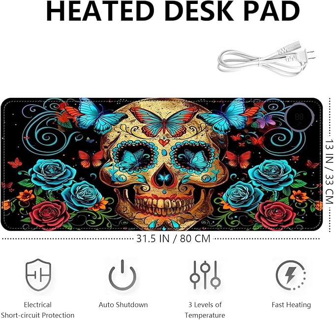 Heated Mouse Pad with 3 Levels Heated & 3 Hours Auto Shut-Off Mouse Pad for Warming Hands in Office Home, 31.5" x 13"Large Safe Desk Mat Hand Warmer，Skull Butterfly Blue Rose