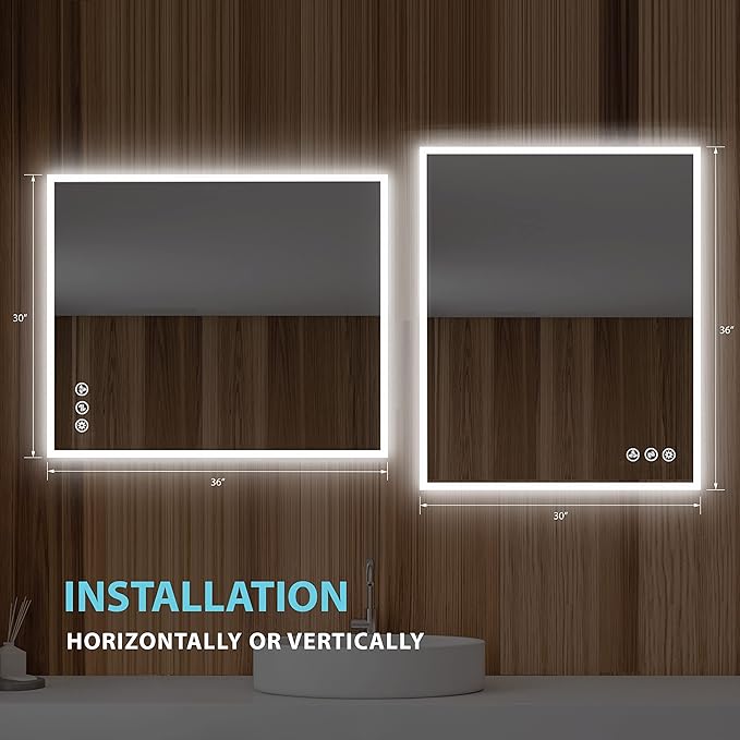 Blossom 30"X36" LED Bathroom Mirror with Lights, Front Lit and Backlight, Stepless Dimmable, Anti-Fog, Shatter-Proof Tempered Glass, Memory, 3 Colors Lighting Bathroom Mirrors for Vanity Makeup Mirror
