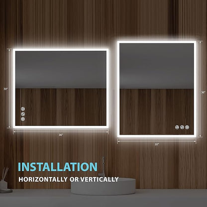 Blossom 30"X36" LED Bathroom Mirror with Lights, Front Lit and Backlight, Stepless Dimmable, Anti-Fog, Shatter-Proof Tempered Glass, Memory, 3 Colors Lighting Bathroom Mirrors for Vanity Makeup Mirror