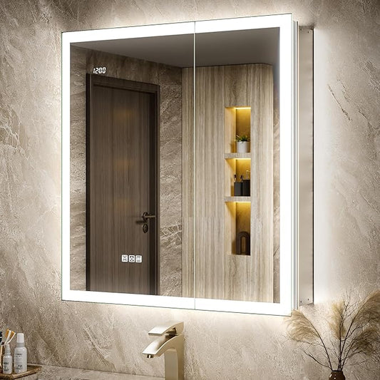30x32 LED Medicine Cabinet Mirror with Double Lights-Front & Backlit, 155°Soft-close Hinge, Surface or Recessed Dimmable Lighted Medicine Cabinet Mirror with Clock Outlet Inner Light,Anti-fog