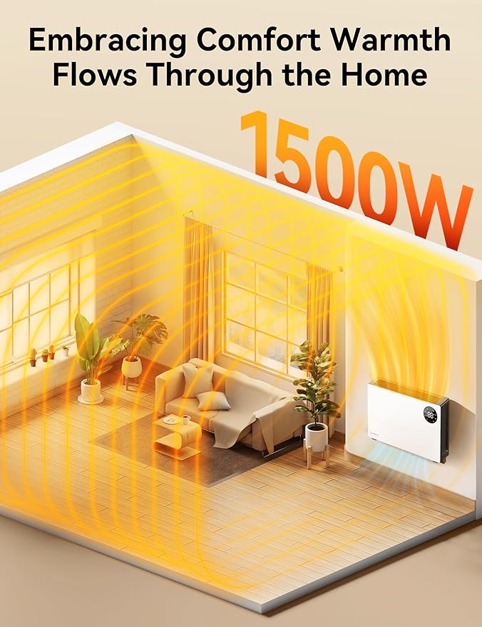 GiveBest Super Quiet Wall Heaters for Indoor Use, Baseboard Design Space Heater, Adjustable Thermostat, Child Lock, 12H Timer, 1500W Easy-mounted Electric Smart Heater for Bedroom Living Room Garage
