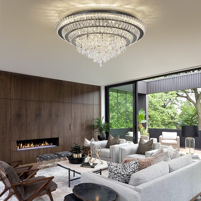30 inch Crystal Black Ceiling-Light Flush Mount with Remote Control and APP, 3CCT Dimmable & Brightness Adjustable, Modern Crystal Raindrop Chandeliers for Bedroom Hallway Dinning Room Living Room