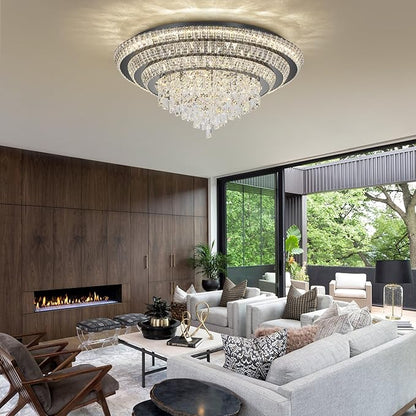 30 inch Crystal Black Ceiling-Light Flush Mount with Remote Control and APP, 3CCT Dimmable & Brightness Adjustable, Modern Crystal Raindrop Chandeliers for Bedroom Hallway Dinning Room Living Room