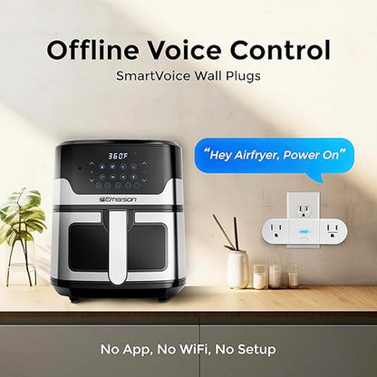 Emerson SmartVoice 2-in-1 Dual Wall Plug, Offline 30+ Voice Control Commands - No APP, No WiFi, No Setup, Smart Outlet Extender for Home and Office, Sleep & Wake Timer, ETL Listed
