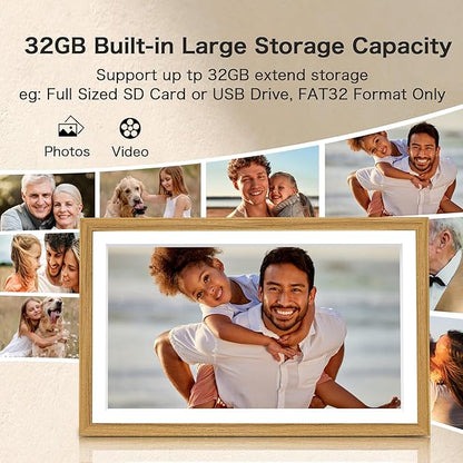 Digital Picture Frame, Frameo 15.6 Inch Large Digital Photo Frame WiFi, 1920 * 1080 IPS FHD Touchscreen, 32GB, Tabletop&Wall-Mounted, Share Video Picture, Electric Frame, Mom Gifts, Natural Woodgrain