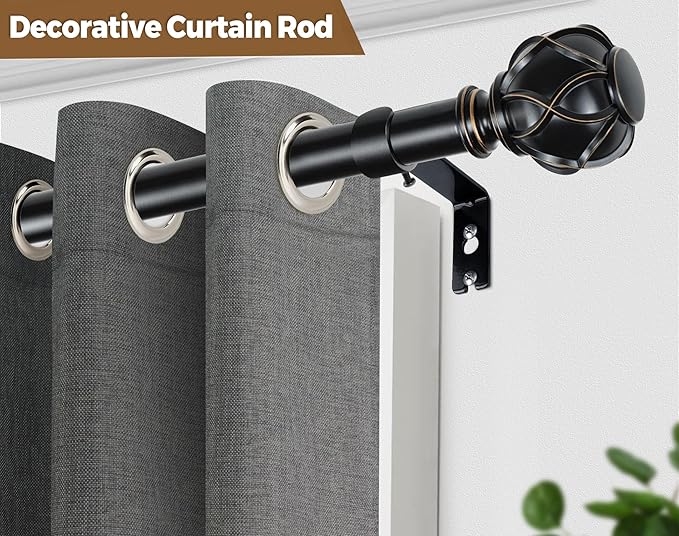 KAMANINA Curtain Rods for Windows 48 to 84 Inch, Black Heavy Duty Curtain Rod Adjustable, 7/8 Inch Single Decorative Drapery Rod 32 to 86 Inch(2.6-7.1Ft), Netted Texture End