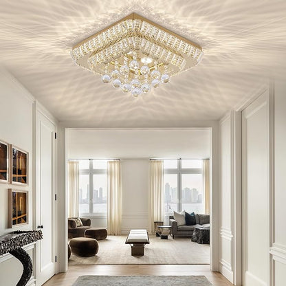 18 inch Crystal Flush Mount Gold Chandelier Remote/APP, Modern Raindrop LED Ceiling Light, 3CCT Dimmable & Brightness Adjustable,Elegant Chandeliers for Bedroom Hallway Dinning Room Living Room