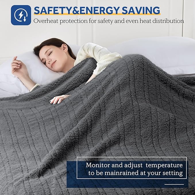 Sealy Electric Blanket Queen Size, Dual Control Soft Sherpa Heated Blanket with 10 Heating Levels & 1 to 12 Hours Auto-Off Settings Over-Heated Protection 84"x90" Machine Washable, Dark Grey