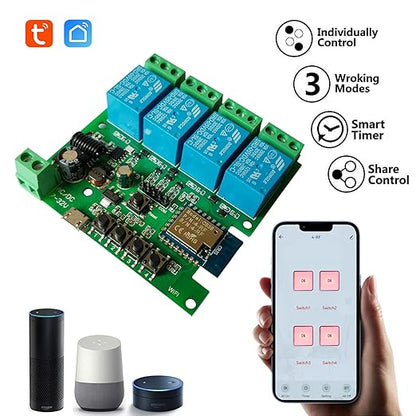 Jane Eyre WiFi Relay Module 4 Channel Smart Switch Momentary/Self-Locking/Lock Switching for Tuya/Smart Life APP,DIY Garage Door, Compatible with Alexa and Google Assistant