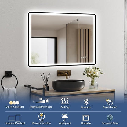 STARLEAD 28"x36" LED-Bathroom-Mirror-with-Lights, Wall-Mounted with Bluetooth, Anti-Fog, 3 Color Temperature Dimmable Brightness, Waterproof, Tempered Glass, Frontlit & Backlit, Black Frameless