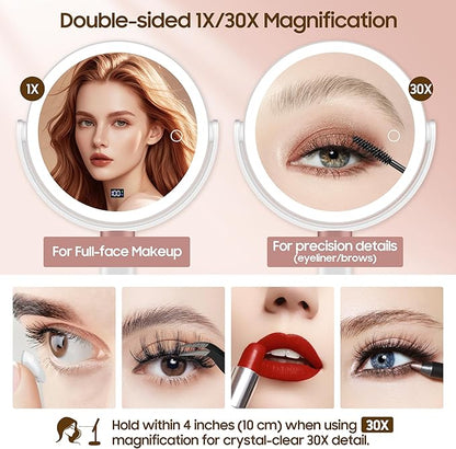 Makeup Magnifying Mirror with Light 30X/1X, Digital Display, 2-Sided Touch Control, Makeup Mirror with 3 Color Lights,360° Rotate, Height Adjustable Lighted Magnifying Mirrors for Desk Travel