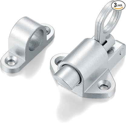 3 Packs Self-Closing Latches，Silver Gray Spring Door Lock，Resilient Bolt Latch Aluminum Alloy Safety Automatic Spring Barrel Slide Door Lock with Screws,Used for Gate,Window and Cabinet etc