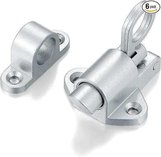 6 Packs Self-Closing Latches，Silver Gray Spring Door Lock，Resilient Bolt Latch Aluminum Alloy Safety Automatic Spring Barrel Slide Door Lock with Screws,Used for Gate,Window and Cabinet etc