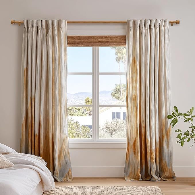 Wood Curtain Rods for Windows 66 to 120 Inches 1" Diameter Boho Decorative Heavy Duty Long Window Curtain Rod Adjustable with Solid Imitation Wood Grain Finials for Living Room Bedroom Kitchen